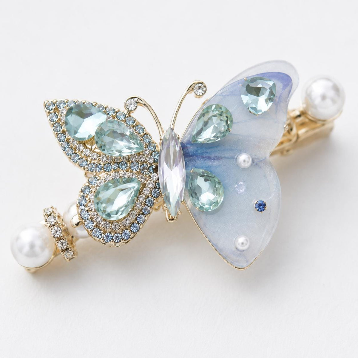 Pastel Blue Butterfly Hair Clip, Aquamarine Crystal Pearl Barrette, Elven Fairycore Mermaid Jewelry